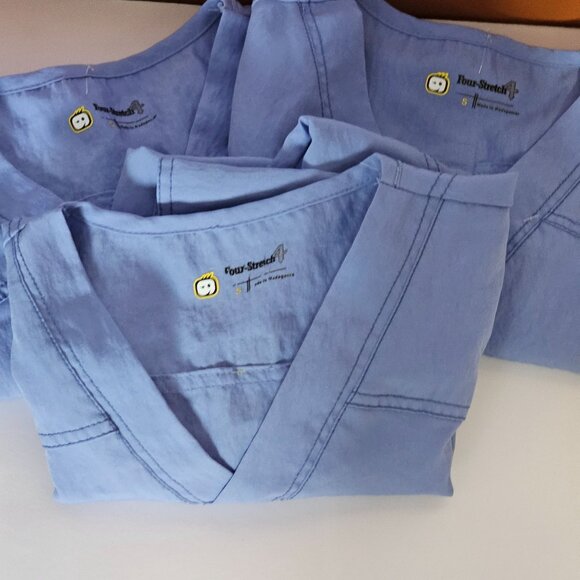 Lot of 3 Four-Stretch Womens Blue Nursing Scrub Top Pockets V-Neck Flexible Sz S - Picture 11 of 11